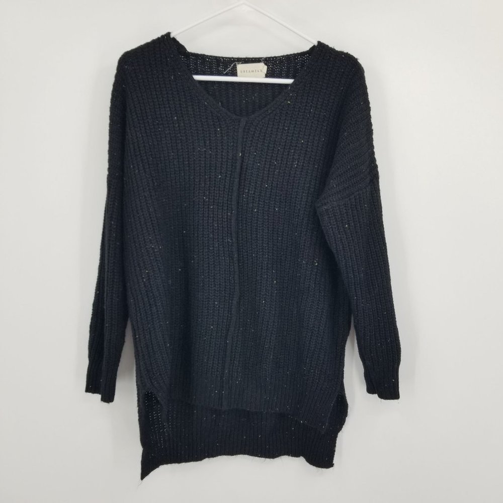 Dreamers Basic V Neck Long Sleeved Knit Black and Speckled Sweater Size Small